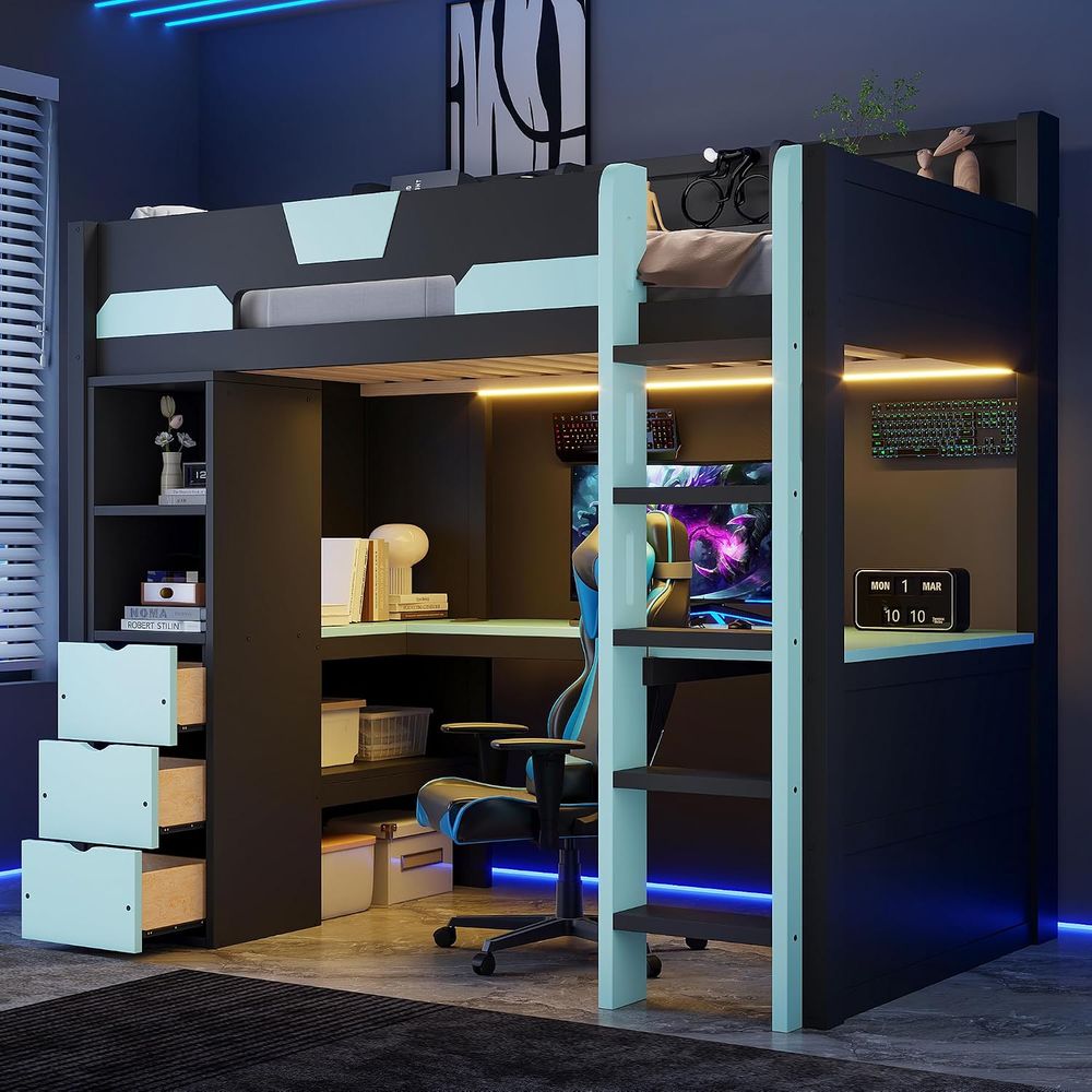 Esports Gaming Bed - Lit mezzanine gaming double avec bureau,